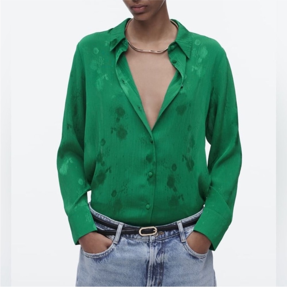 NWT ZARA Floral Jacquard Top Green Size S | 1971/060/500